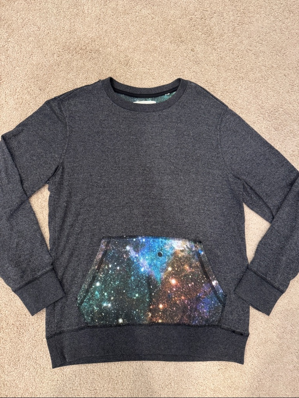 on the byas Men's Charcoal Crewneck Sweater with Galaxy Pocket